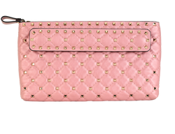 Rockstud Clutch, Leather, Pink, MII, DB, 3*